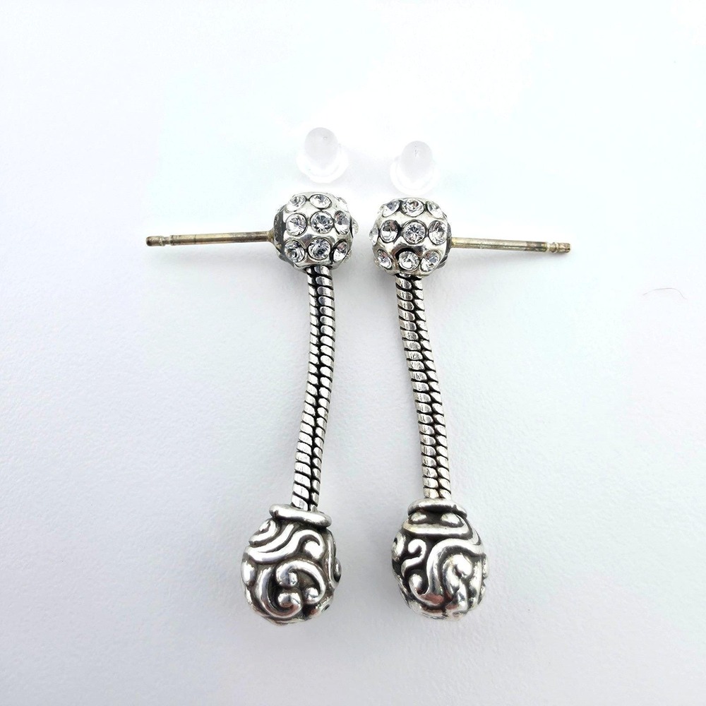 BRIGHTON 'Full Moon' Earrings Dangle Post  Pavé Crystal Scrollwork Silver Plate